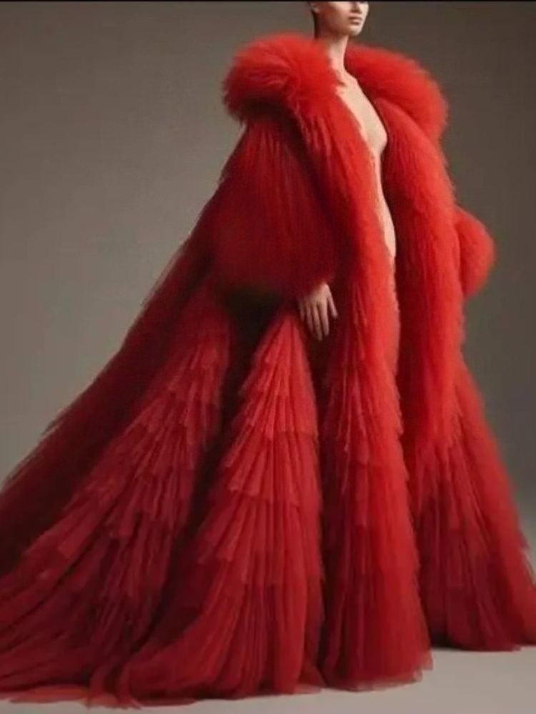 Women'S Red Formal Wear - Rode pluizige geplooide gegolfde lange mouwen