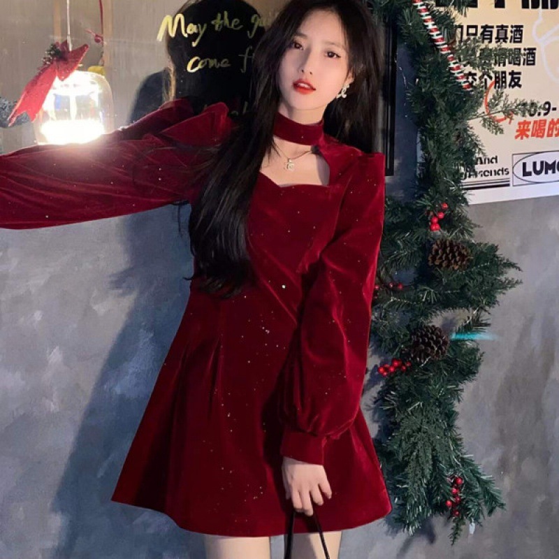 Women'S Red Formal Wear - Fijne Sprankelende Fluwelen Jurk Vrouwen Herfst
